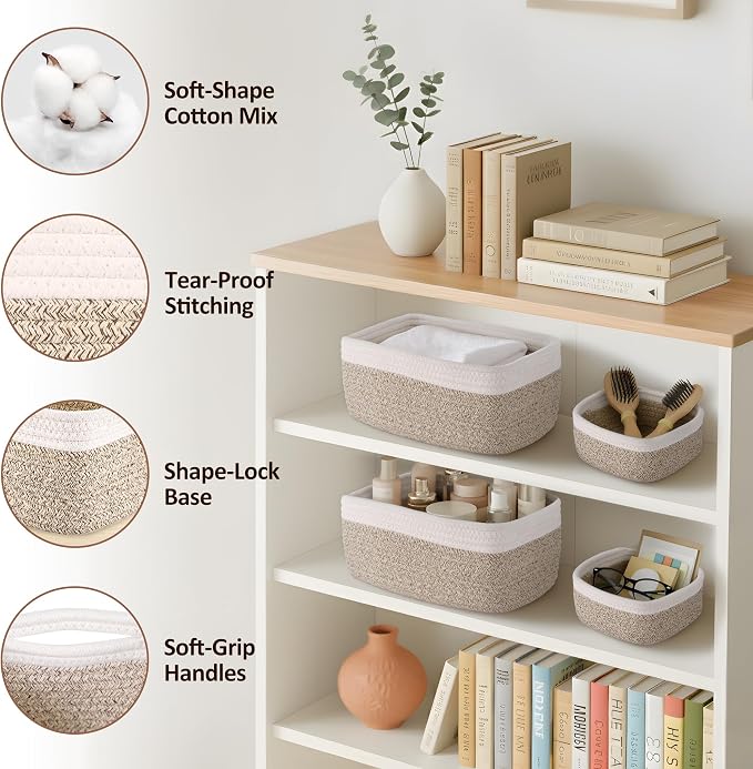 5-Pack Small Woven Rope Storage Baskets, 2 Sizes Organizer Bins | Fabric Cube Boxes and Rectangular Shallow Bins for Closet, Shelf, Bookshelf, Nursery, Changing Table, Bathroom, Toys & Home