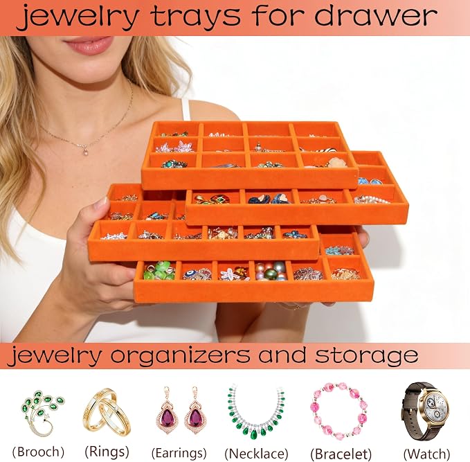 Jewelry Organizer Tray Set of 8, Stackable Velvet Jewelry Trays with Removable Dividers, Drawer Inserts Earring Organizer for Women, Jewelry Storage Display Case for Rings Necklaces Bracelets, Orange