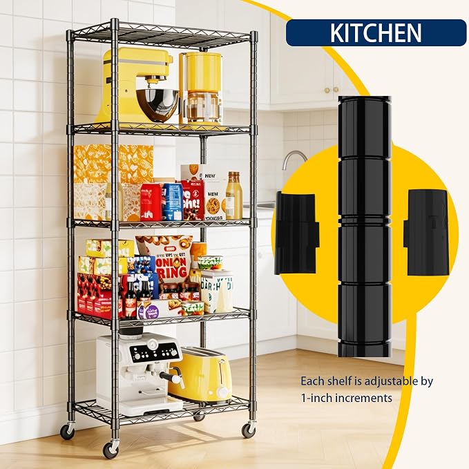 REGILLER 5-Wire Shelving Metal Storage Rack Adjustable Shelves,Standing Storage Shelf Units for Laundry Bathroom Kitchen Pantry Closet(Black,11.8" D x 21.2" W x 55" H,With Wheels)
