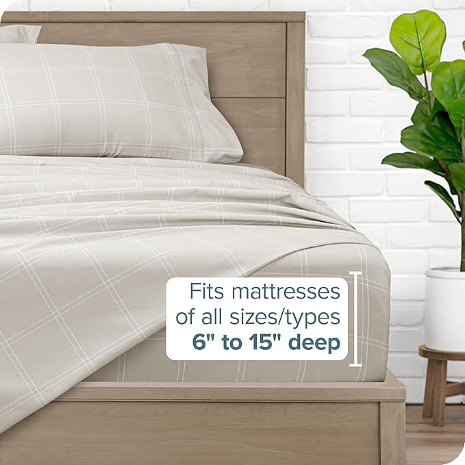 Bare Home Twin Sheet Set - Luxury 1800 Ultra- Soft Double Brushed Microfiber - Deep Pockets - Easy Fit - 3 Piece Bedding Sheet Set (Twin, Modern Plaid - Stone/White)