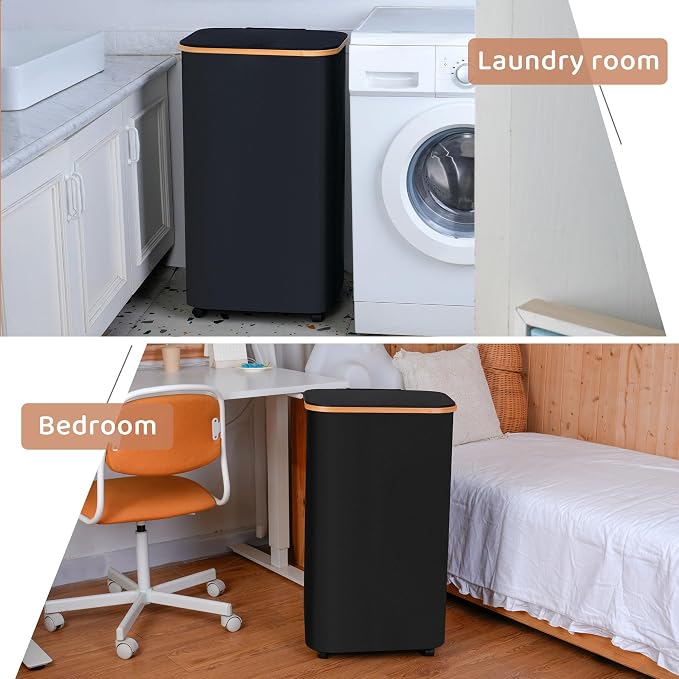 IEGrow Laundry Basket with Wheels 110L Clothes Hamper for Laundry,Black | Laundry Hamper with Lid and Bamboo Frame, for Laundry Room, Bedroom, Dormitory Storage