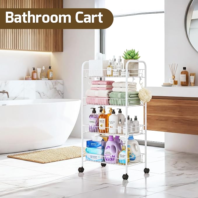 PLKOW 4-Tier Rolling Utility Cart with Detachable Baskets, White | 4-tier steel cart with detachable baskets, anti-fall pads, hooks, and 360° wheels for compact home storage.