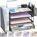 OPNICE Desk Organizer, 4-Tier Desktop File Organizer with Drawer and Pen Holders, Office Desk Accessories, File Sorters, Workspace Organizers for Office Supplies(Black - Metal Pen Holder)