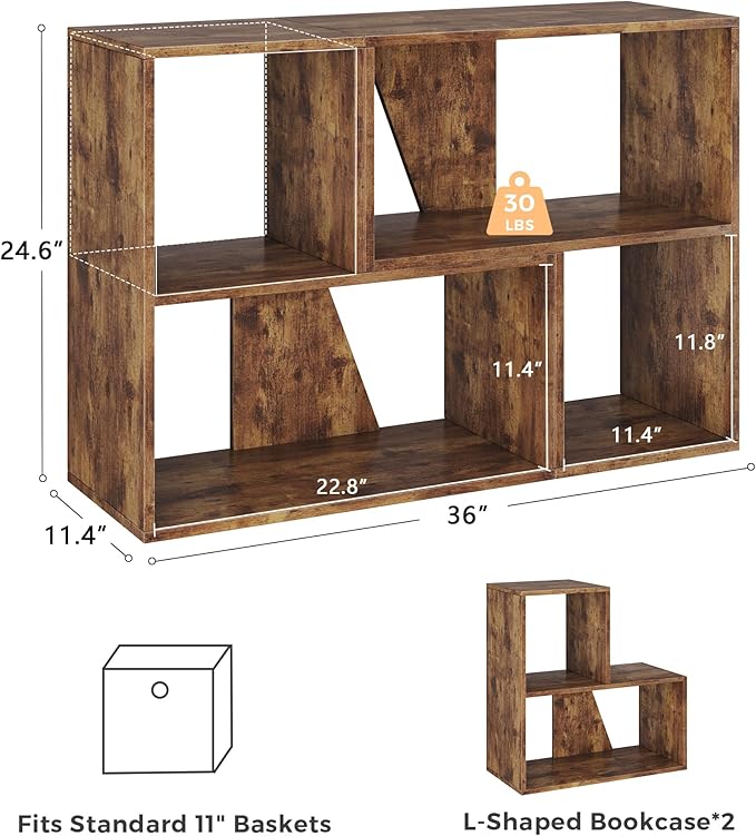 MapleGrace 6 Cube Storage Organizer, Wooden Storage Shelves Bookcase with Back Panels, Stackable Display Bookshelf for Living Room, Bedroom, Study, Hallway, Rustic Brown