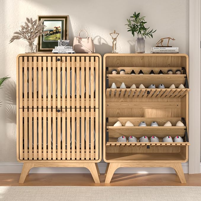 Jluomei Narrow Shoe Cabinet Storage for Entryway, Modern Cabinet Rack with 2 Flip Drawers, Slim Wood Fluted Entry Way Shoe Organizer, Wooden, Small, Farmhouse, Freestanding, Natural Oak (39.4 Inch)