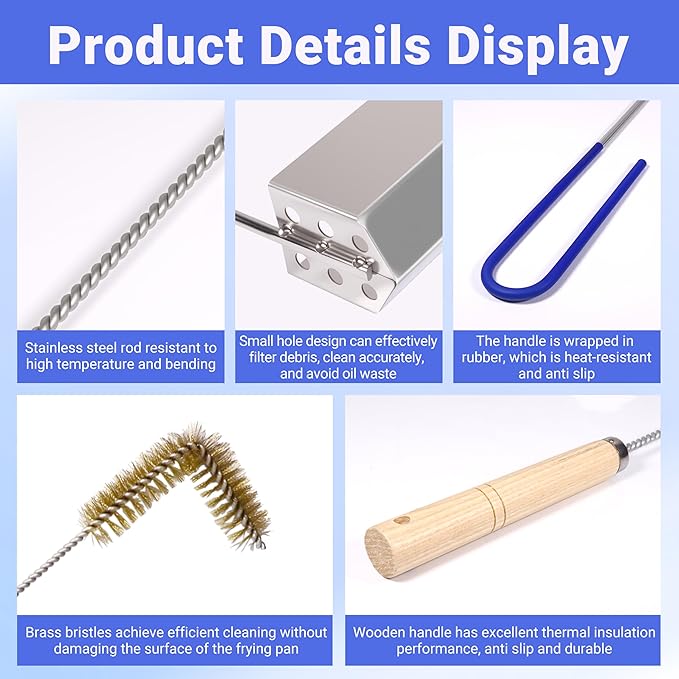 3 PCS Fryer Cleaning Tools with Deep Fryer Brass L-Shaped Brush, Deep Fryer Crumb Scoop, Deep Fryer Cleanout Rod for Restaurants, Air Fryers, Deep Fat Fryers