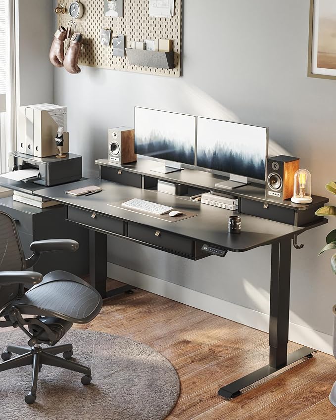 FEZIBO 55 x 30 inch Standing Desk with Drawers, Height Adjustable Electric Workstation, Computer Sit Stand Up Table with Large Storage Shelf 4 Drawers and 2 Hooks, Black