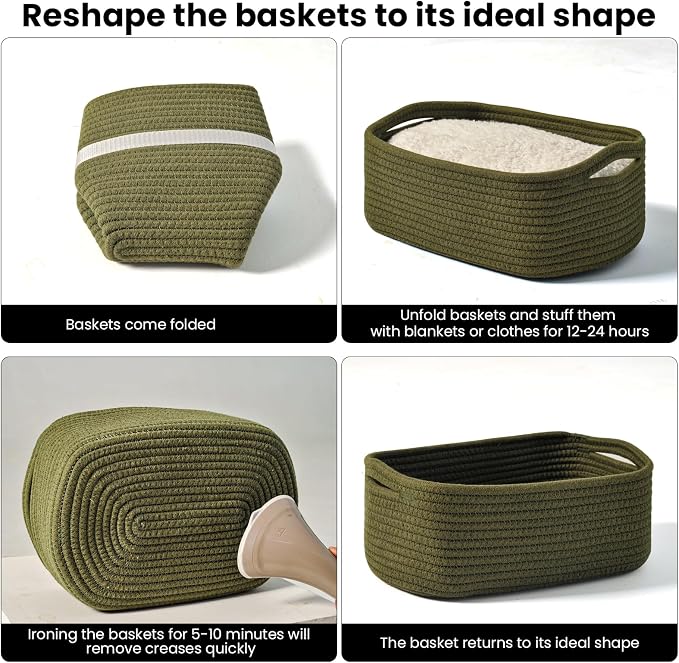 ICERZCZ Small Green Storage Baskets for Organizing Shelves, Cute Woven Baskets for Storage, Organizer Basket for Decor, Gift Basket, 13"×8.5"×5.1" (3 Packs) Green