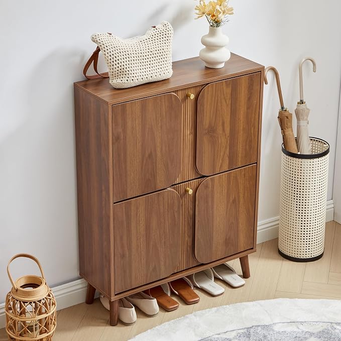 BERRYMERRY Shoe Cabinet with 2 Flip Drawers,Wood Hidden Shoes Storage Cabinet with Fluted Recessed Design, Freestanding Shoe Organizer Cabinet for Entryway, Hallway, Living Room