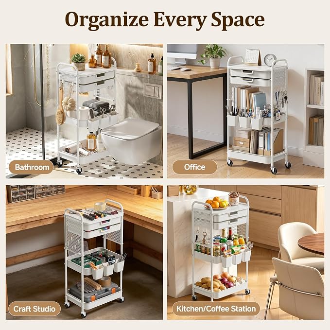 3 Tier Rolling Cart with 2 Drawers, Metal Utility Storage Carts with Wheels | Kitchen Rolling Cart 4.5" Deep Basket, Mesh Side Panel with 3 Cups, 4 Hooks for Office, Bedside, Craft Storage Cart