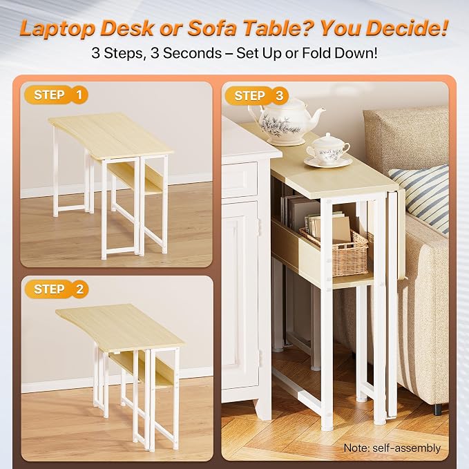 Huuger Folding Desk with Storage Shelf, 39.3 Inch Foldable Computer Table for Small Spaces, Space Saving Sofa Table for Couch, Writing Work Office Computer Desk, Easy to Fold, Oak