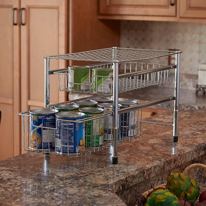 Household Essentials Free Standing Two Basket Sliding Cabinet Organizer with Metal Frame, Silver Finish