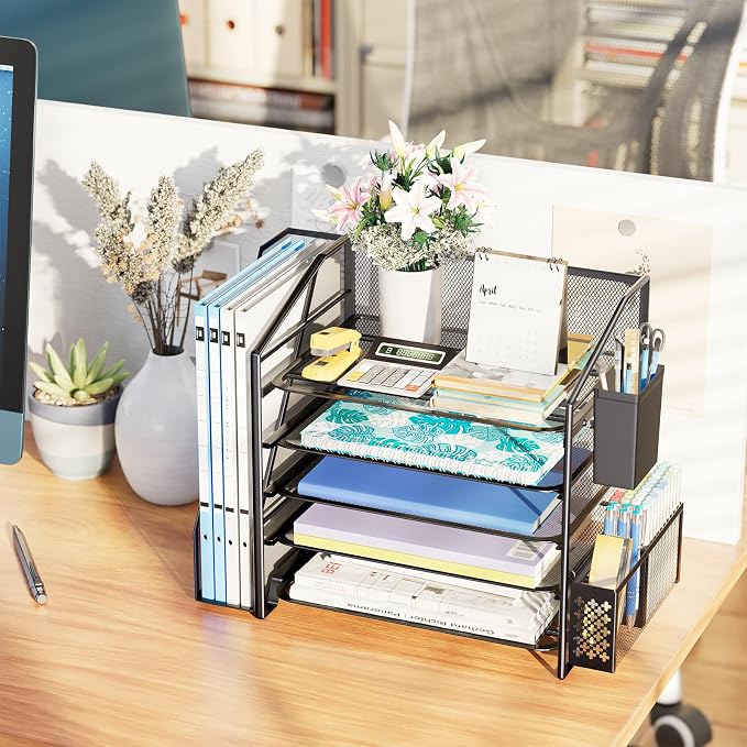 Simple Trending 5-Tier Desk File Organizer with 2 Pen Holders, Black | 17.5"L x 9"W x 13"H, 5 Trays + Side File Holder + 2 Pen Containers, Powder-coated Steel Mesh, Easy Assembly, 24H Support