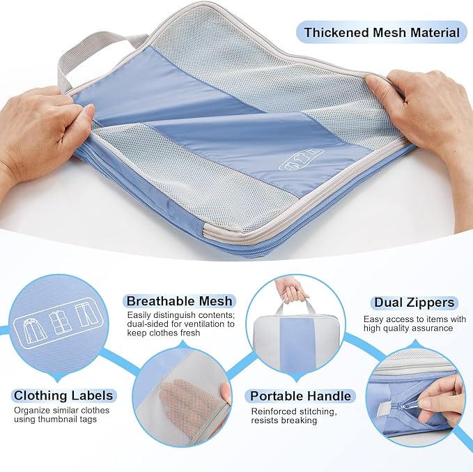 OlarHike 10 Set Compression Packing Cubes for Travel Essentials,Compressible Expandable Space Saver Bags for Organizing Clothes,Luggage Suitcase Garment Bags with Over 1000 pcs Mesh Holes(Light Blue)
