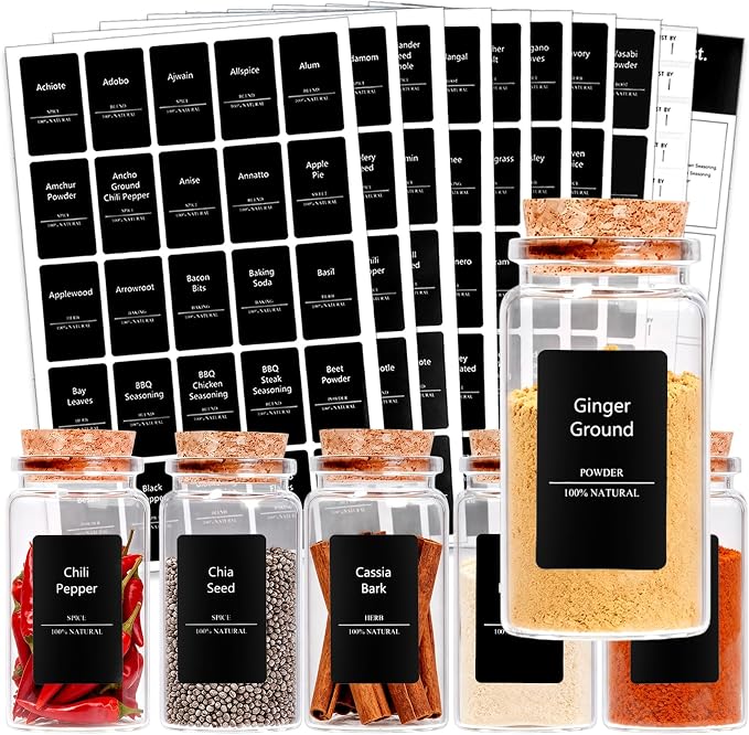 Spice Jar Labels - 275pcs Black Preprinted Waterproof Stickers for Pantry Organization for Kitchen Jars Caps Food Containers Spice Organizers