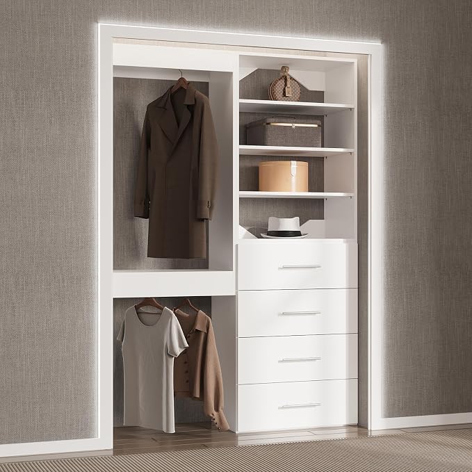Modular Closet System, 58" Wide Organizer With Tower and Drawers, Wood Storage for Walk In Closets, Wall Mounted Wardrobe Kit, Bedroom, White