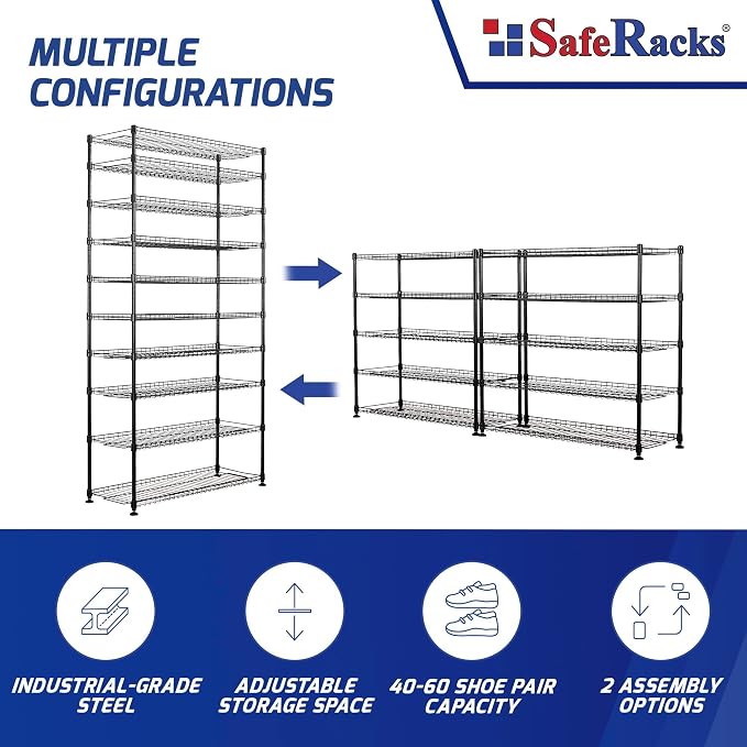 SafeRacks 10-Tier Shoe Rack - 60 Pair Heavy Duty Storage Stand