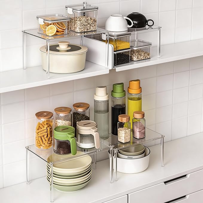 2 Pack Clear Acrylic Spice Rack, 5mm Thick Stackable Cabinet Shelf Riser, No Drill Wall Mounted Kitchen Organizer with Adjustable Feet, Multi-Purpose Storage for Pantry Countertop Bathroom Makeup