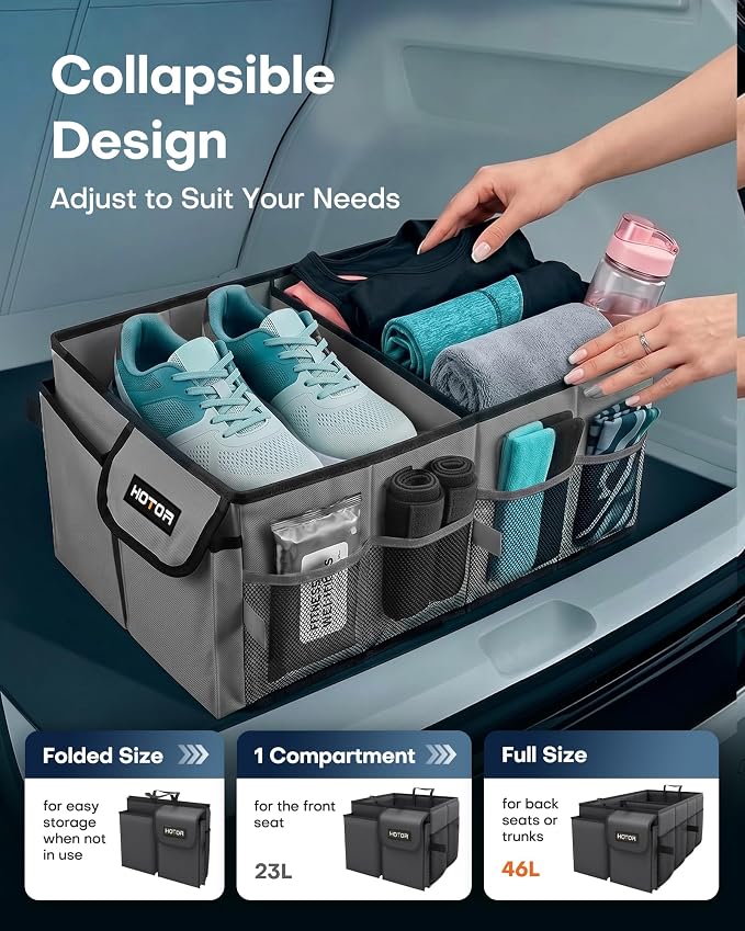 HOTOR Trunk Organizer for Car - Car Organizer, Foldable Trunk organizer for SUVs & Sedans, Sturdy Organization for Car Accessories, Tools, Sundries, Grey, 2 Compartments, 21.3"×12.6"×10.6"