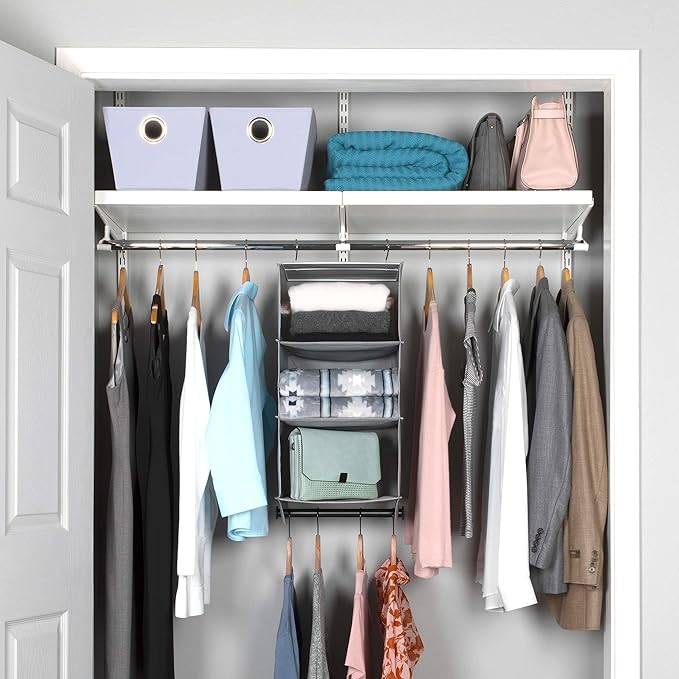 HOLDN’ STORAGE Hanging Closet Organizer with Garment Rod – Heavy Duty 3-Shelf Hanging Shelves for Clothes, Sweaters & Shoes, Reinforced 600D Fabric Storage Unit with Built-in Clothing Rod, Grey