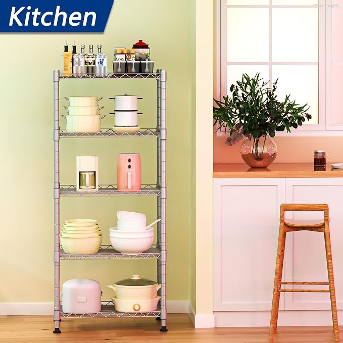 REGILLER 5-Wire Shelving Metal Storage Rack Adjustable Shelves,Standing Storage Shelf Units for Laundry Bathroom Kitchen Pantry Closet(Silver,11.8" D x 16.6" W x 53.5" H)