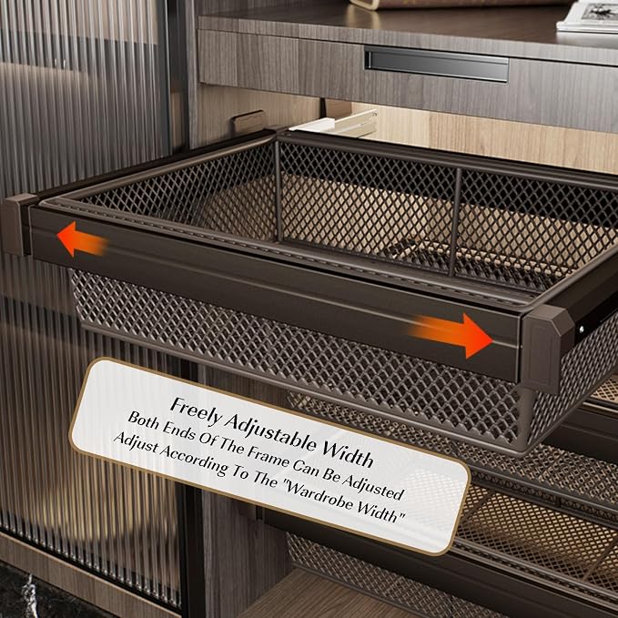 Expandable Cabinet Pull Out Basket,Aluminum Alloy Stackable Storage Bins,Height 6.69In Stackable Shelf Baskets Organizer,for Office Bathroom Bedroom,Brown-25.98-29.92in