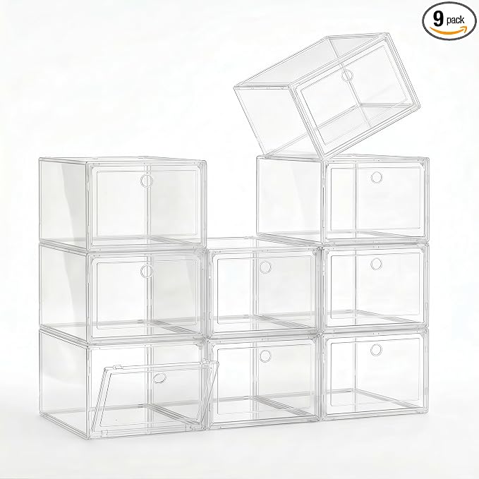 9-Ply Thick Clear Shoe Boxes 9 Pack, Heavy Duty Stackable Shoe Storage Bins with Magnetic Door, Foldable Plastic Shoe Containers for Sneaker Closet Organization