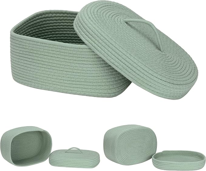 Sea Team Oval Cotton Rope Storage Basket with Lid, Lidded Woven Storage Bin, Nursery Storage Container, Diaper Caddy, Baby Shower Basket, Box, Organizer, 15 x 11 x 6.5 Inches (Medium, Green)