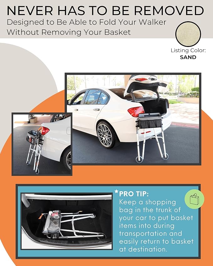 Walker Basket for Folding Walker with Flip-Down Walker Tray | Handy Cane/Reacher Strap & Cup Holder | Walker Bags for Folding Walker with Wheels, Organizer for Walker Accessories for Walker Caddy-SAND