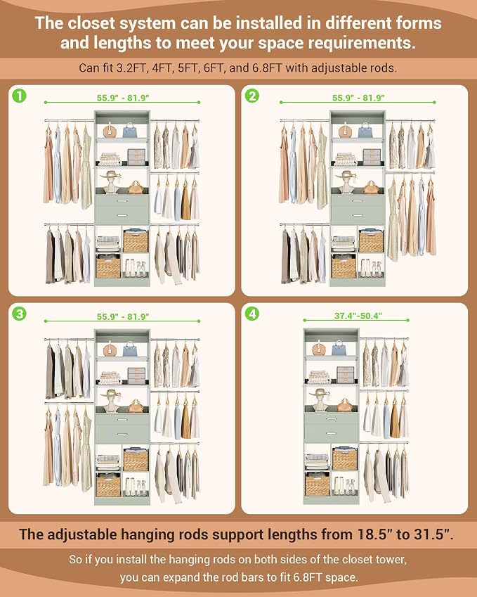 Besiost Small Closet System, 3.2-6.8FT Small Closet Organizer with 2 Drawers & 5 Hanging Rods, Can Fit 37.5 to 81.9 inch Walk-in Closet System, Built-in, Crab Green