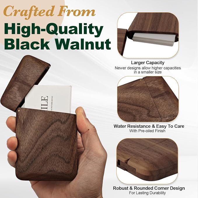 Wood Business Card Holder Wooden Magnetic Business Card Case Portable Simple (Black Walnut)