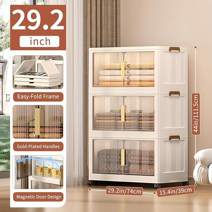 Storage Bins with Lids, 3 Tier 255 QT Stackable Plastic Storage Bins, Foldable Storages Boxes with Magnetic Doors and Wheels for Clothes, Snacks, Books, Folding Containers for Home Office