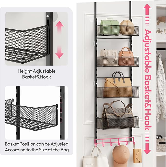 SWTYMIKI Over the Door Purse Organizer - Wall Mounted Purse Rack with 4 Adjustable Metal Basket and 6 Hooks, Hanging Bag Rack for Handbag Organizer, Bag Storage Can Use As 1/2 Part, for Door
