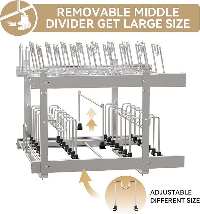 2-Tier Pots and Pans Organizer Under Cabinet Kitchen 21" W *22" D | Pull out Cabinet Organizer for Pots, Pans, and Lid Cookware, Adjustable Heavy Duty Wire Pan and Pot Rack, Full-Extension Rail