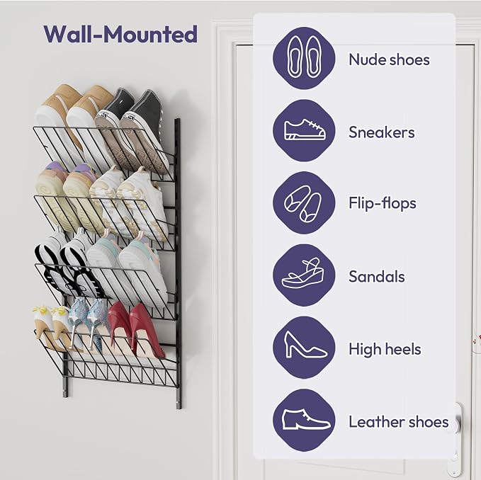 SWTYMIKI Over the Door Shoe Organizer - Adjustable 4 Tier Hanging Shoe Rack Organizer, Metal Heavy Duty Behind Door Storage or Wall Mount Shoes Shelf for Flats, Heels, Sneakers, Boots Black
