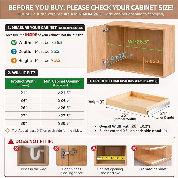 Sintuff 4 Pack Wooden Pull out Tray Cabinet Organizer Gentle Close Roll out Shelves for Kitchen Cabinets Fully Assembled Slide Pantry Shelves (26'' X 21'')