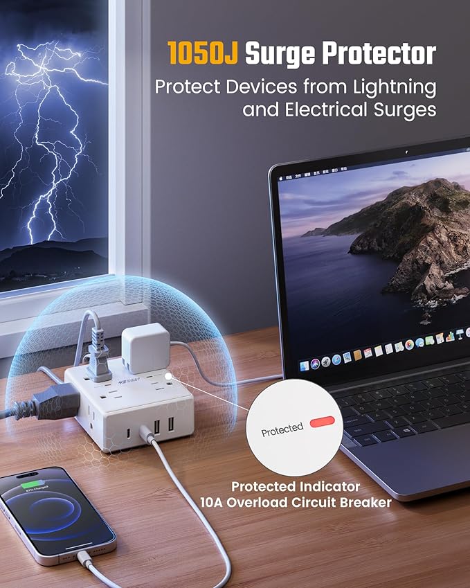 SUPERDANNY Extension Cord,Flat Plug Surge Protector Power Strip,25Ft | 8 AC & 4 USB Ports (2 USB C),Surge Protector with 1050J,Desk Charging Station for Home Office,College Dorm Room Essentials