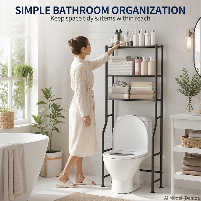 GloTika 3-Tier Over Toilet Storage Rack, Metal Over Toilet Bathroom Organizer Shelf, Freestanding Space Saver Storage Shelves for Bathroom/Laundry/Living Room (Black)