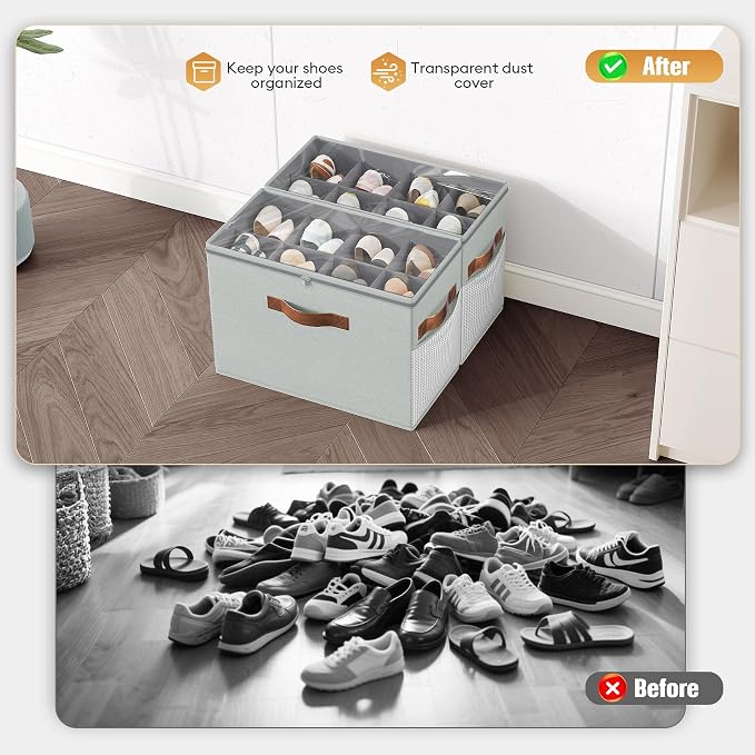 2 Pack Shoe Organizer for Closet, Foldable Shoe Storage with Adjustable | Farbic shoe storage organizer box bin with clear cover, fits up to 16 pairs, shoe storage box for closet, entryway, gray