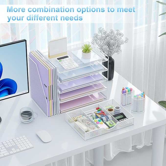 gianotter 5-Tier Desk Organizer with Drawers, File Holders, Letter Trays and Pen Holders - Workspace Accessories for Office Supplies (White)