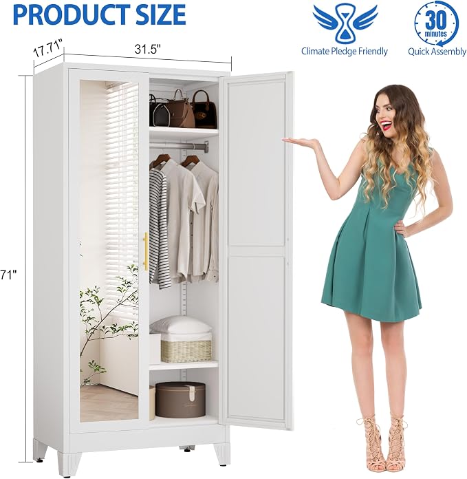 GAIOUS Metal Wardrobe Cabinet with Mirror and Hanging Rod, 71" White | Clothing Storage Cabinets with 2 Doors and Adjustable Shelves, Armoire Wardrobe Closet for Bedroom, Laundry Room, Cloak Room