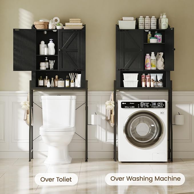 Memobarco Over The Toilet Storage Cabinet with 2-Door & Metal Stand, Black | Toilet Paper Holder, 3 Extra Hooks, Anti-Tipping Device, With Adjustable Shelves, for Bathroom, Restroom, Laundry