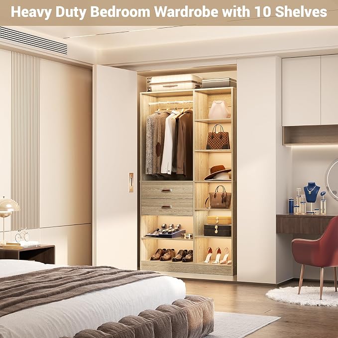 Armocity Freestanding Closet System, 40 Inches Stand-Alone Wardrobe with 10 Shelves, 80'' Height Adjustable Cloth Garment Rack with 2 Wood Drawers, Wood Walk-in Closet with Hanging Rod, White Oak