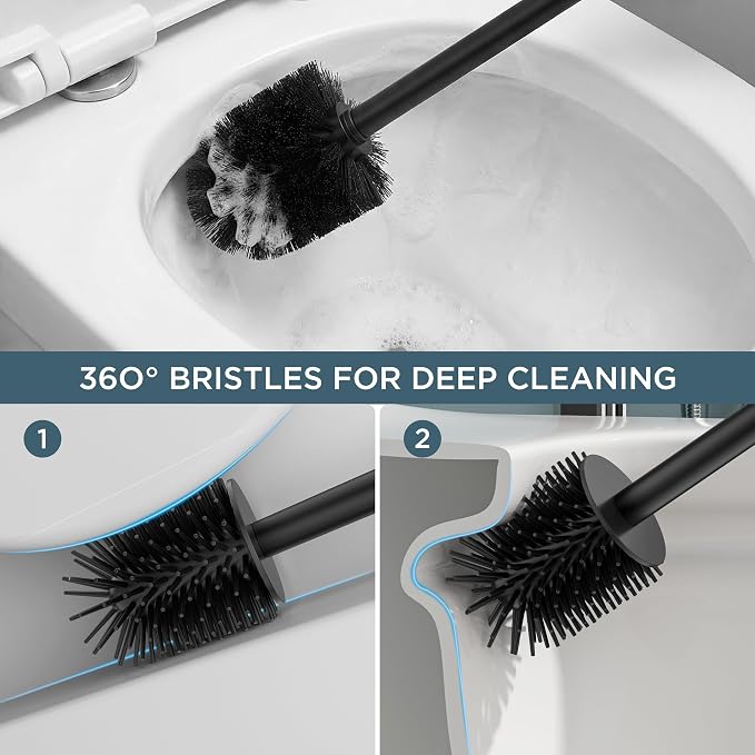FORIOUS Toilet Brush, 2 Toilet Bowl Brush Head Square Medium Black 2 Pack | Heavy Duty 304 Stainless Steel Base, Silicone and Plastic Brush Heads, Long Handle for Deep Cleaning, Drip-Proof