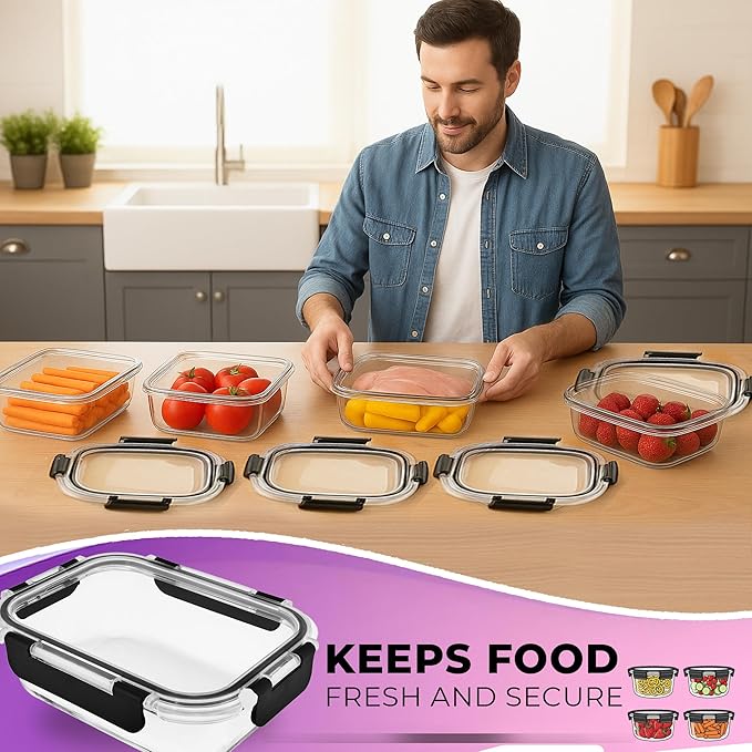 Glass Food Storage Containers Bowls with Airtight Snap Locking Lids for Meal Prep Leftovers Baking Lunch Boxes Dish (Black, 51oz Rectangle 4 Pack)