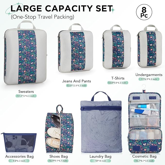 OlarHike 8 Set Compression Packing Cubes for Travel Essentials,Compressible Expandable Space Saver Bags for Organizing Clothes,Luggage Garment Bags with Over 1000 pcs Mesh Holes(Dark Blue Floral)