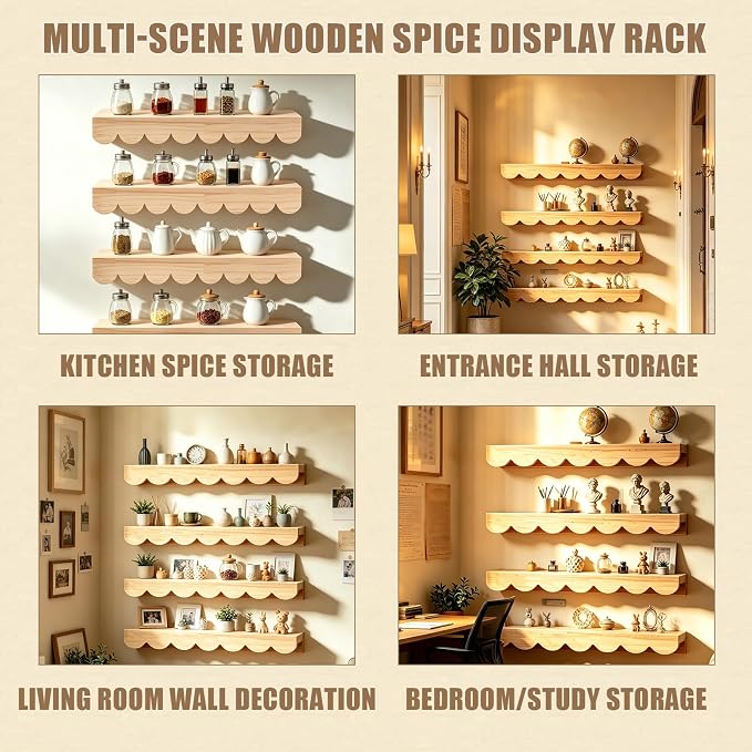 4 Tiers Spice Rack Wall Mounted, Scalloped Kitchen Storage Village Style Display Shelf, Vintage Spice Jar for Living Room, Bedroom, Shelf Only, 15.75 x 4.72 x 1.9 Inches