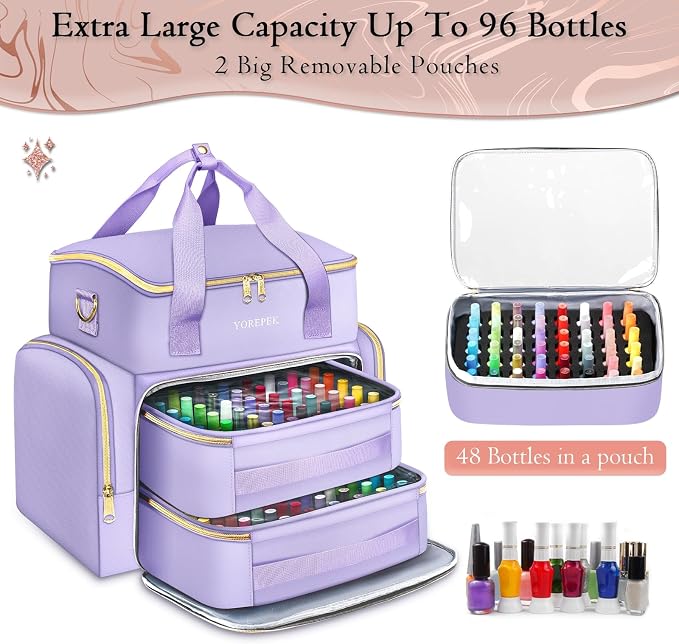 YOREPEK XL Nail Polish Organizer Holds 96 to 100+ Bottles, Lavender Purple | Gel x Nail kit Bag with 2 Removable Pouches Fits Nail Suppiles, UV lamp, Gifts for Manicurist, Women