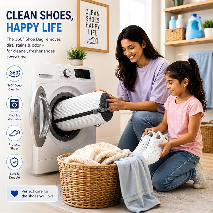 GEWON Shoe Washing Machine Bag for Wash & Dry, 4-in-1 Kit 2 Chenille Sneaker Laundry Bags + 2 Dust Bags, Self-Locking Zipper