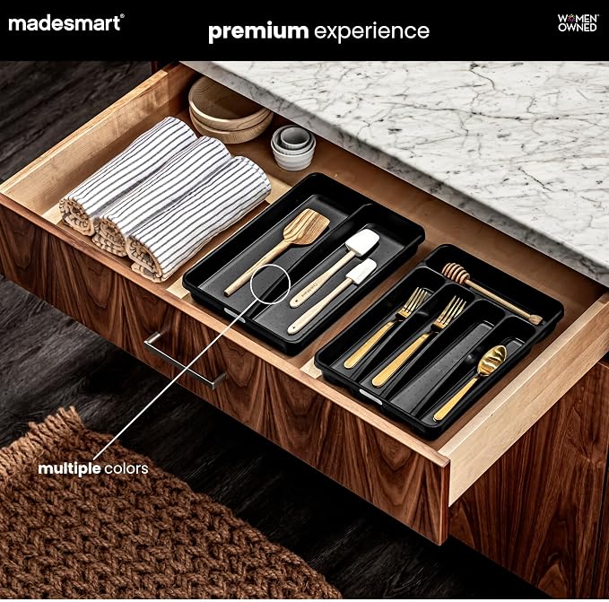 madesmart Premium Small Utensil Tray, Deep Storage for Ladles, Whisks & Serving Tools, Non Slip Lining, for Drawers & Home Organization, White